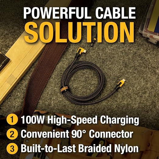 DEWALT 90-Degree Angled 100W USB C Cable, Heavy Duty Jobsite 100 Watt USB C Cable, High Speed Type-C to Type-C, PD USBC Fast Charging Cord for iPhone 17/16/15 Plus Pro Max MacBook iPad Samsung, 4 ft