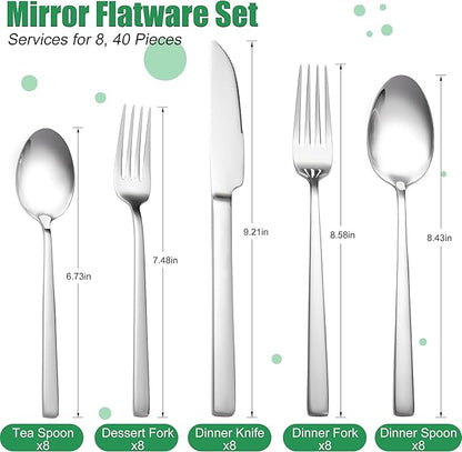 Silverware Set, 40 Piece Flatware Cutlery Set for 8, Stainless Steel Silverware Mirror Polished Dishwasher Safe for Home, Restaurant, Wedding, Party