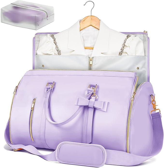 Garment Bags for Travel for Women, Stylish Garment Duffle Bag, Convertible & Foldable 2 in 1 PU Suit Bag For Hanging Clothes, Business Trip Bag With Toiletry Pocket & Shoes Compartment, Purple
