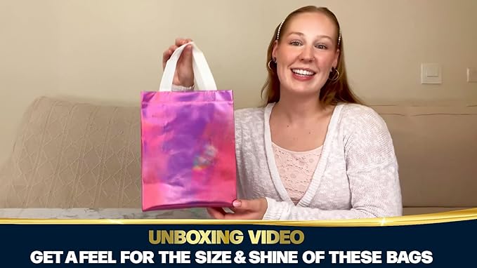 Nush Nush Pink Iridescent Gift Bags Bulk Medium Size – Set of 60 Reusable Holographic Pink Gift Bags Bulk With Handles - For Small Business, Bridal Shower, Birthday Party Favor, Christmas – 8x4x10