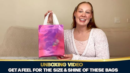 Nush Nush Pink Iridescent Gift Bags Bulk Medium Size – Set of 60 Reusable Holographic Pink Gift Bags Bulk With Handles - For Small Business, Bridal Shower, Birthday Party Favor, Christmas – 8x4x10