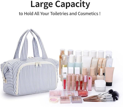 Narwey Travel Toiletry Bag, Wide-open Large Toiletry Bags for Traveling Women, Checkered Travel Bag for Toiletries Cosmetic Makeup Bag Organizer, Skincare Make Up Bag (Greyish Blue Stripe)