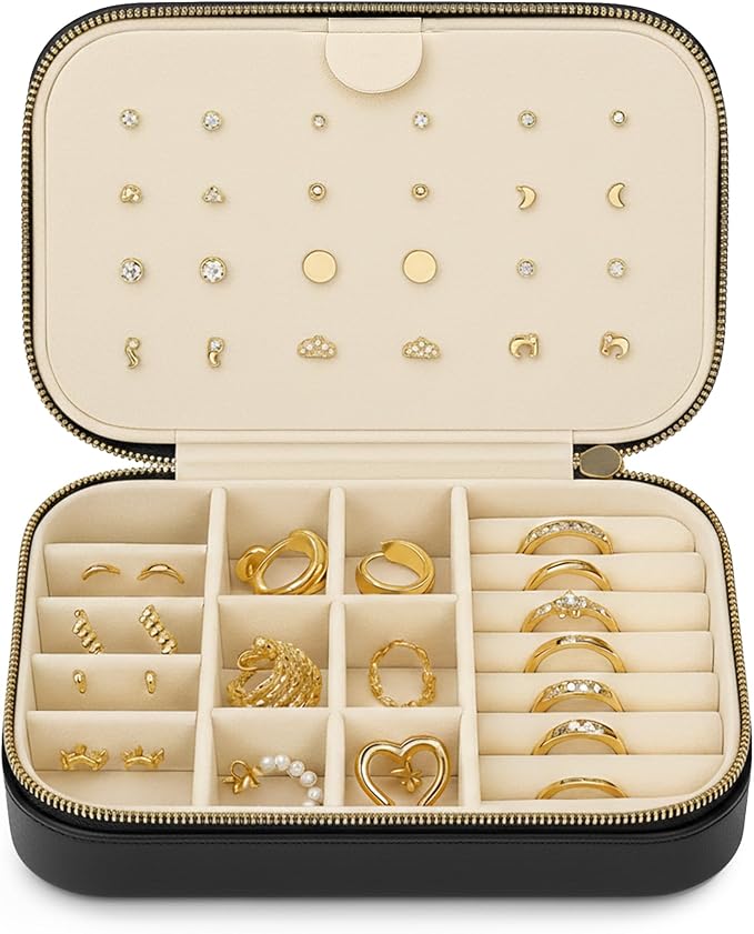 Small Travel Jewelry Box Organizer for women & Girls, Portable Small Travel Jewelry Case Organizer for Traveling, PU Leather Mini Box for Earrings, Necklaces, Rings, Bracelets - Black