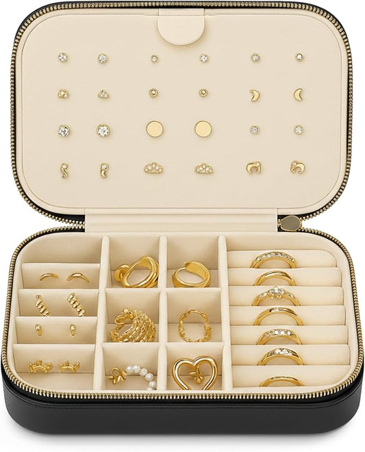 Small Travel Jewelry Box Organizer for women & Girls, Portable Small Travel Jewelry Case Organizer for Traveling, PU Leather Mini Box for Earrings, Necklaces, Rings, Bracelets - Black