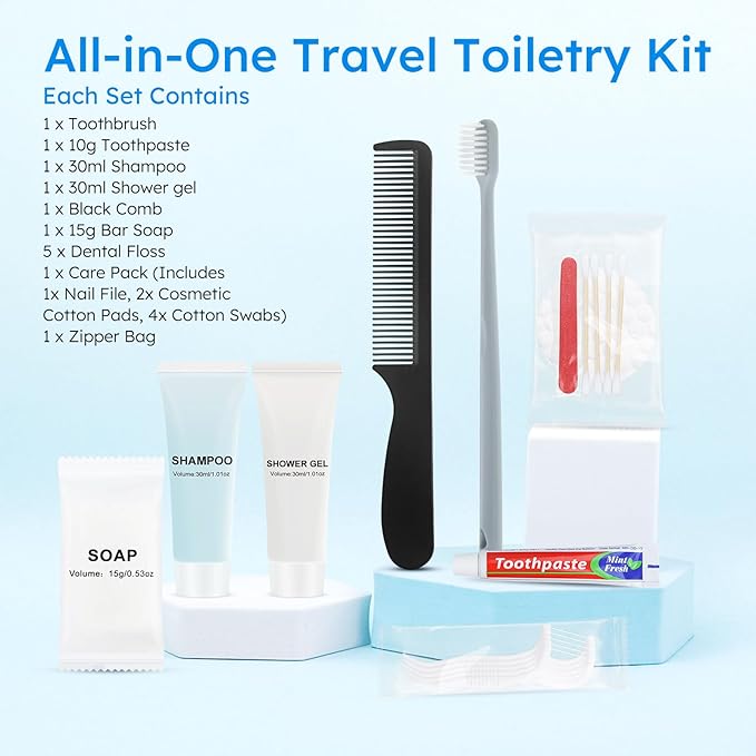 Hygiene Kits and Bulk Convenience Kits Feature Double-Sealed Individual Packaging. Personal Hygiene Kits are Suitable for Hotels, Camping, Home Use, and Travel (100-PACK)
