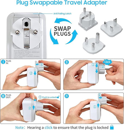 South Africa Power Adapter Kit, VINTAR International Plug Adapter with 3 USB Ports (2 USB C, 3.4A) 2 American Outlets, Type M,G,E/F Detachable Attachments, Adapter for US to Africa Botswana Morocco
