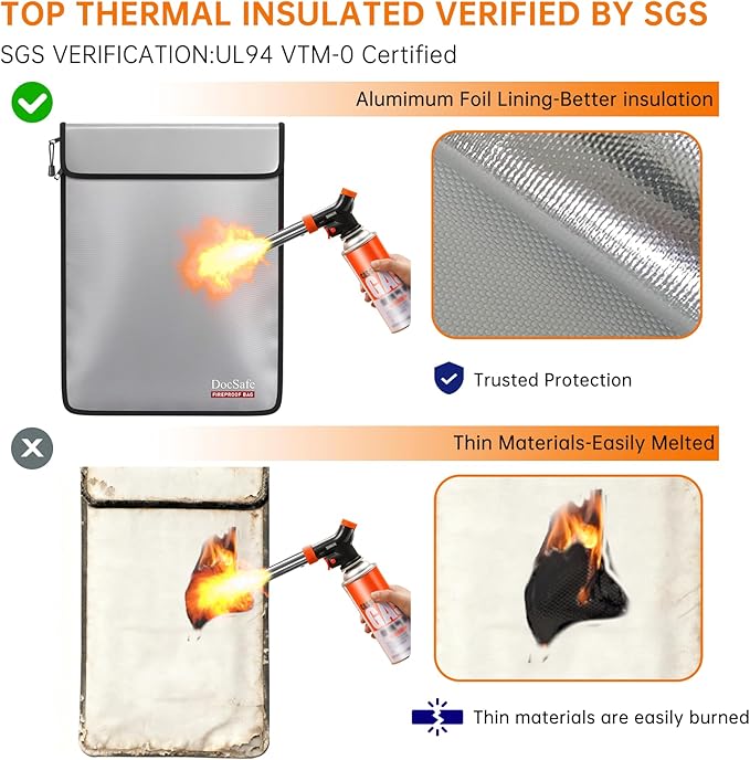 DocSafe Fireproof Document Bag (5200℉) with Fireproof Organizer Travel Case,Heat Insulated Fire＆Water Resistant 8 Layers Safe Money Bag Storage for Important Documents,Cash,Power Bank,Valuables,Gray