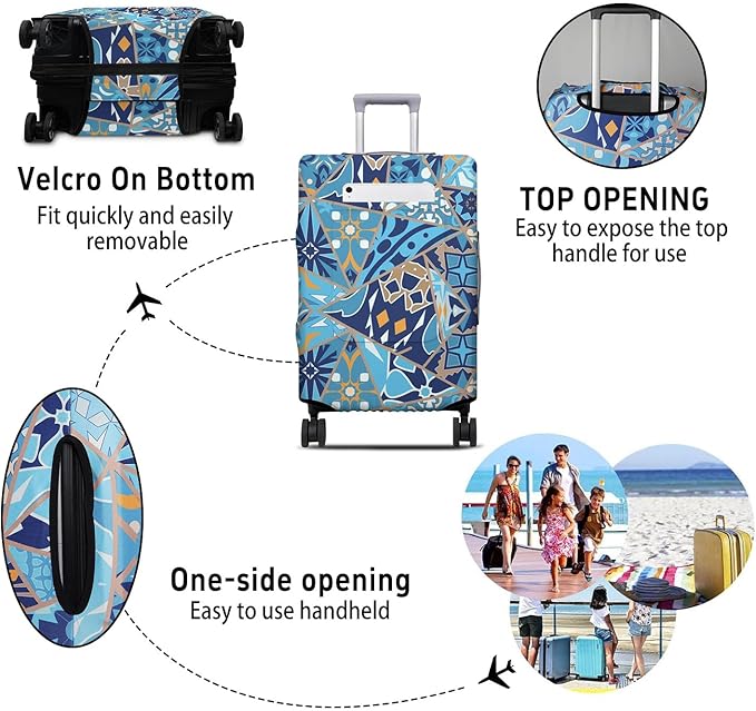 Portuguese Tiles Travel Luggage Cover, Travel-Themed Suitcase Protector Stretchable, Washable Travel Suitcase Cover (S for 18-20 Inch Luggage)