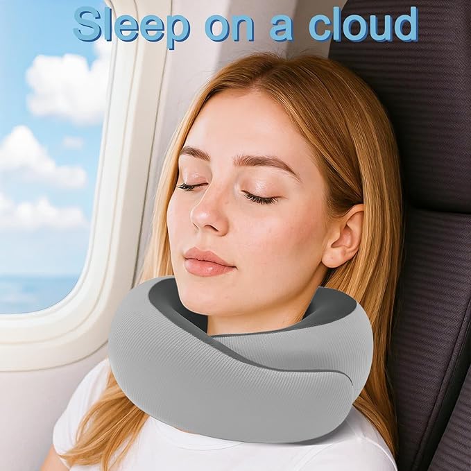 Neck Pillow for Traveling,Travel Neck Pillow for Airplanes,Cooling Fabric&100% Pure Memory Foam,Neck Pain Relief,Ergonomic Support for Long Flight (Gray, Compact Size-(Petite Fit)