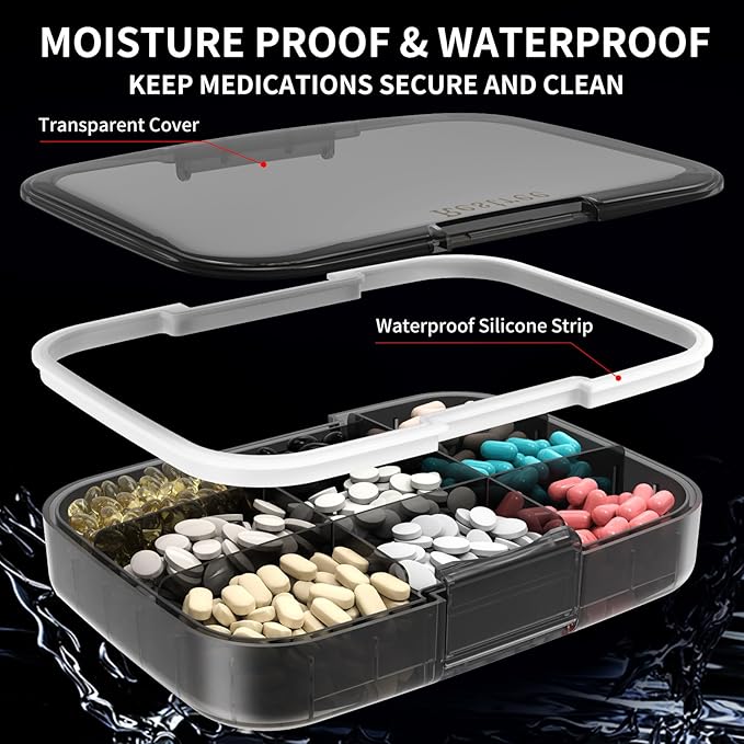 Restree Large Pill Organizer, Moisture Proof & Waterproof Travel Pill Case, Portable Medication Box with Adjustable Dividers for Vitamins Supplements Fish Oil and Daily Pills 9 Compartments (Black)