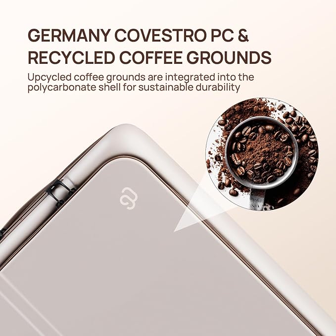 NINETYGO Medium Checked Luggage 25 Inch, Flat Top Opening Checking In Luggage with Cup Holder, Expandable, Coffee-Infused PC Hard Shell, Eco-Friendly, TSA Lock, 360° Spinner Wheels (Oats White)