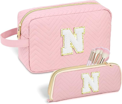 Personalized Initial Makeup Bag Trendy Stuff Leather Waterproof Cosmetic Bag Travel Toiletry Bag, Christmas/Thanksgiving/Halloween Gifts Makeup Organizer Case for Women Girls Mom Girlfriend Wife