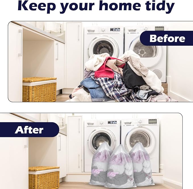 6 Pack Mesh Drawstring Laundry Bag 24" X 36" Mesh Laundry Bags Large for Washing Machine, Sturdy White Net Laundrys Bag for Factory, University, Dormitory, Travel and Apartment Dweller