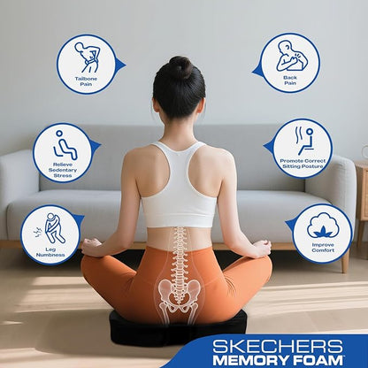 Skechers Memory Foam Seat Cushion,Ribbed Fabric Office Chair Cushion for Tailbone Pain Relief,Butt Pillow for Office Chair,Car Seat Cushion,Long Sitting Office Workers,and Car Drivers,Black