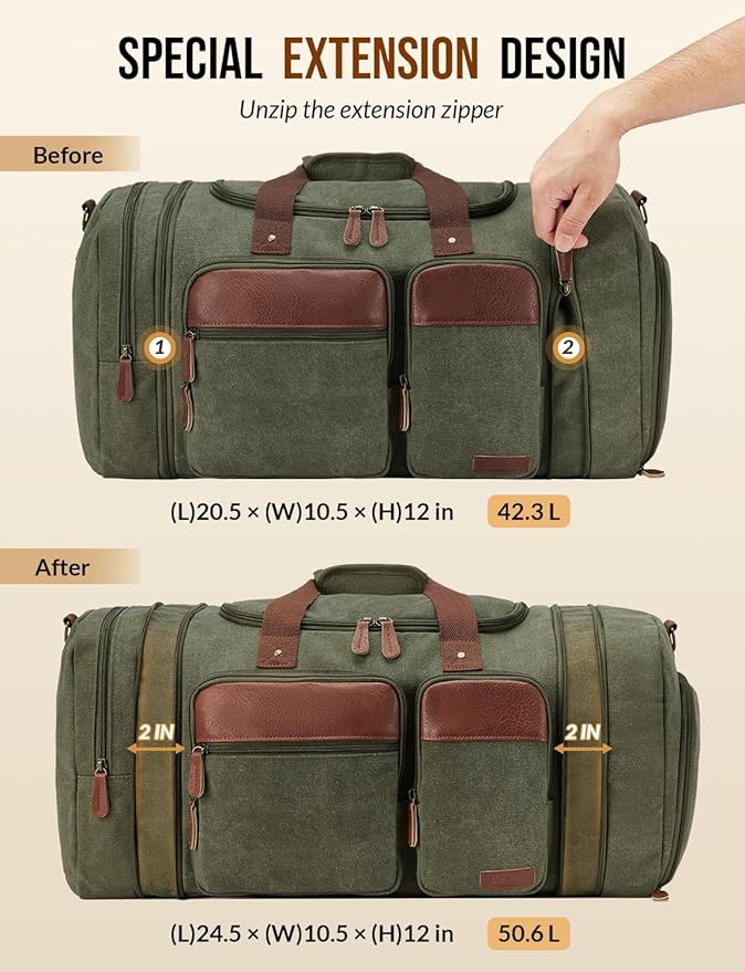 Canvas Duffle Bag for Travel 50L Expandable Travel Duffel Bags for Men Women Overnight Weekend Gym Bag with Shoes Compartment - Army Green