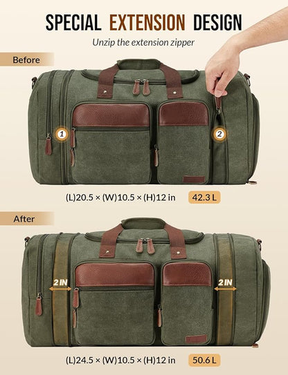 Canvas Duffle Bag for Travel 50L Expandable Travel Duffel Bags for Men Women Overnight Weekend Gym Bag with Shoes Compartment - Army Green