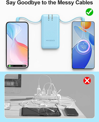 miisso Ultra Slim 10000mAh Power Bank Built-in Cables and Foldable AC Wall Plug, Pocket Size USB C Portable Charger, External Battery Pack Compatible with iPhone Samsung iPad etc, Blue