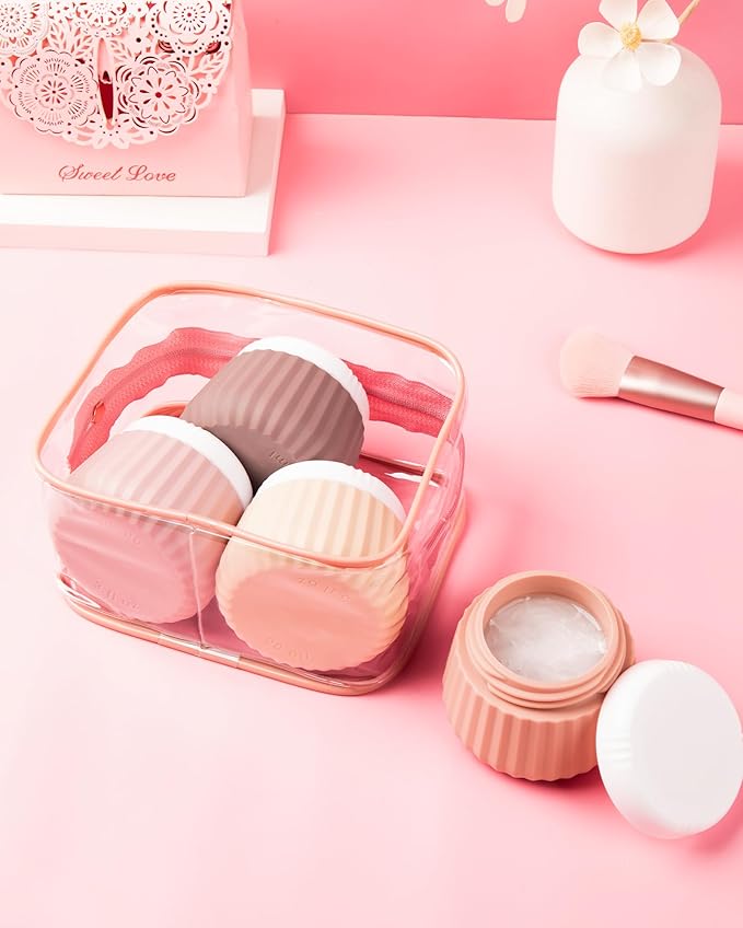 Travel Containers for Toiletries 4 Pack, TSA Approved Travel Size Toiletries, Travel Size Containers, With Clear Bag Leak Proof Silicone Jars, Travel Essentials Creams Jars Carrying Small Items