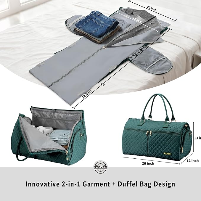 STOVER Women’s Convertible Garment Duffel Bag for Travel – 2-in-1 Carry-On Weekender/Overnight Tote - Wrinkle-Free Dresses, Suits & Clothes Plus Shoe Compartment & Bonus Toiletry Bag (Emerald Green)