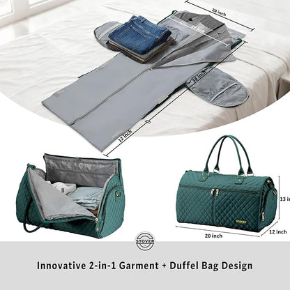 STOVER Women’s Convertible Garment Duffel Bag for Travel – 2-in-1 Carry-On Weekender/Overnight Tote - Wrinkle-Free Dresses, Suits & Clothes Plus Shoe Compartment & Bonus Toiletry Bag (Emerald Green)