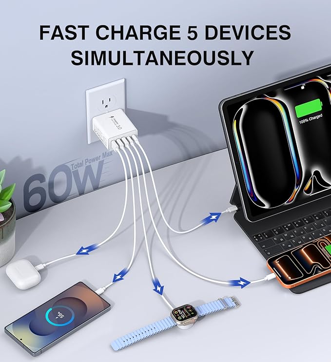 [2-Pack] USB C Wall Charger, 60W USB C Charger Block 5-Port PD Fast Charging Blocks + QC Power Adapter Brick Cube Multiport USB A Plug,Type C Cube for iPhone 17/16/15/14/13/12/Pro,Samsung,for Switch
