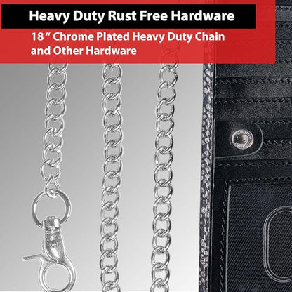 CLASSIC Motorcycle Chain Wallet for Men – Premium Cowhide Leather, RFID Bi-Fold Biker Wallet with Heavy Duty Chain for Bikers Truckers & Hunters, Credit Card Money Organizer Long Wallet Snake Black