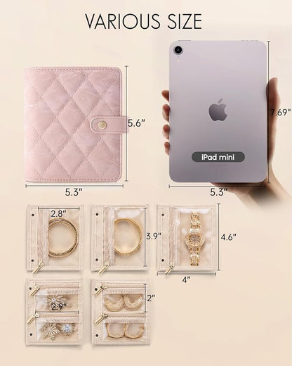 Vlando Travel Jewelry Organizer Case,Gifts for Women,Portable Jewelry Storage Book Ring Binder with Clear Zipper Velvet Pouch Bag for Traveling,Rings,Necklace,Earrings,Bracelets,Brooches-Sand Pink