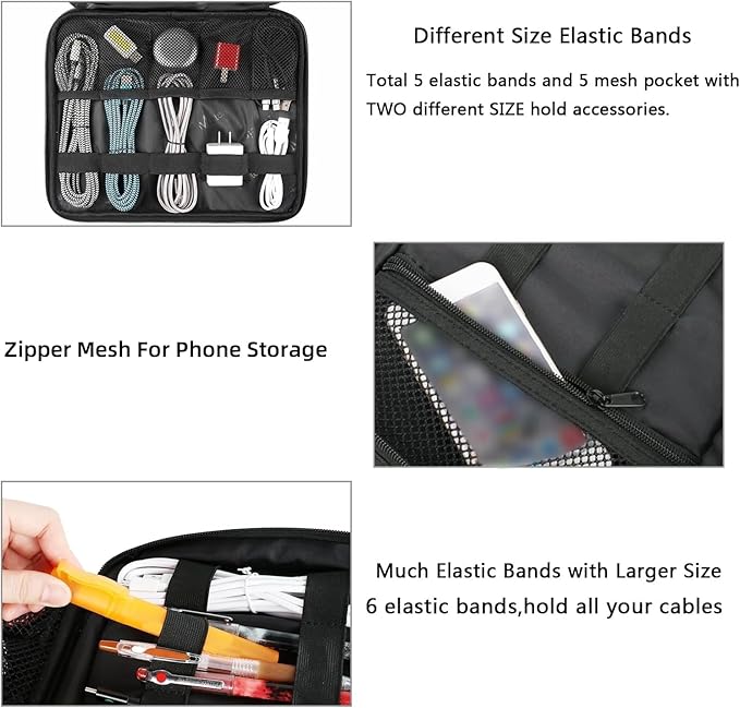 MATEIN Cable Organizer Bag, Large Travel Storage Bag Sturdy Tool Case with Handle for Phone Cord Electronics Accessories, Carrying Case for Tablet (Up to 12.9inch), Powerbank, Hard Drive, Black