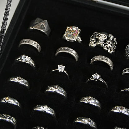 Coward Ring Organizer Jewelry Box, Black Velvet 100 Slots Ring Display Tray Case with Transparent Glass Lid for Home Use or Store Selling Show