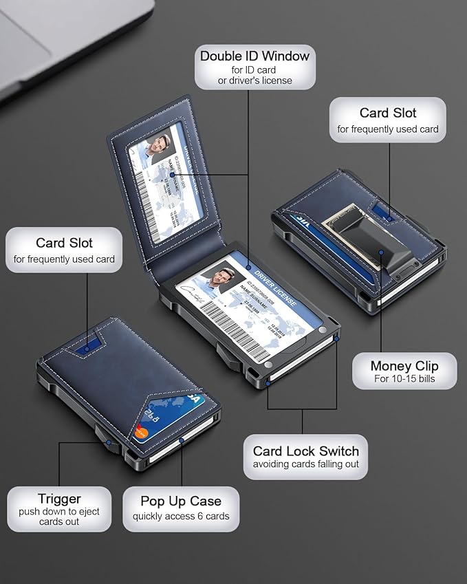 Wallet for Men RFID Wallet with 2 ID Windows & Money Clip, Slim Pop Up Card Holder for 10-12 Cards, Bifold Minimalist Smart Wallet for Front Pocket, Compact Metal Credit Card Holder, Gifts for Men