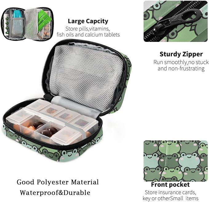 Fustylead Cute Cartoon Happy Frog Pill Organizer Case with Zipper 2 Times A Day for Vitamin and Supplement, 7 Day Travel Organizer Medicine Case