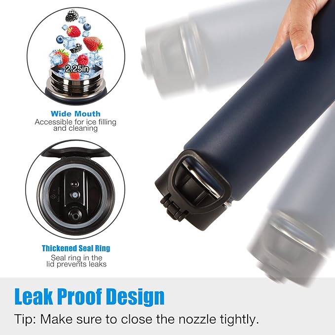 Volhoply 24oz Insulated Water Bottle With Straw Bulk 3 Pack,Metal Wide Mouth Water Bottles With Handle Lid Keep Cold,Reusable Double Wall Cups,Powder Coated Sport Bottle For Holder(Navy,3 Count)