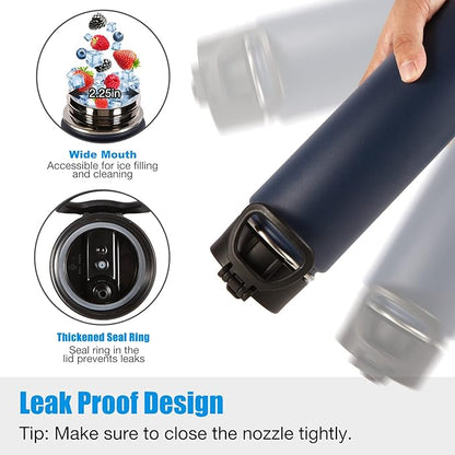 Volhoply 24oz Insulated Water Bottle With Straw Bulk 3 Pack,Metal Wide Mouth Water Bottles With Handle Lid Keep Cold,Reusable Double Wall Cups,Powder Coated Sport Bottle For Holder(Navy,3 Count)