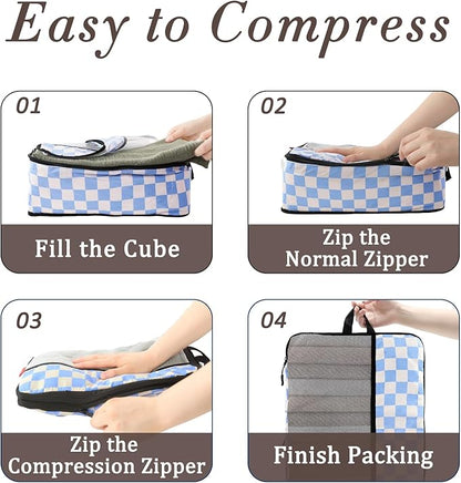 U+U 10 Set Compression Packing Cubes - Ultralight Travel Organizers with Laundry Bag and Cosmetic Bag, Space-Saving Suitcase Organizer for Travel, Business Trip and Family Vacation (Blue Checkered)