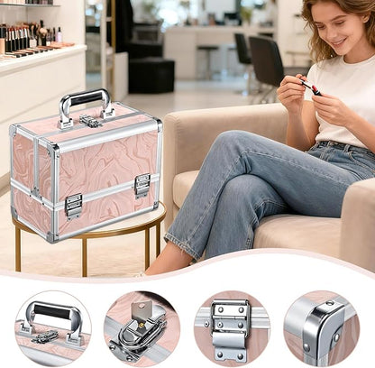 Travel Makeup Case with LED Lighted Mirror - 11.6" Portable Makeup Organizer Box, Cosmetic Train Case with Detachable Brush Holder - Fluid Pink
