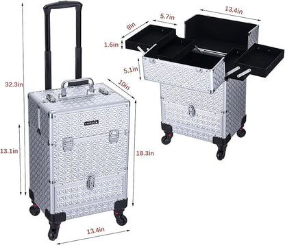TOPACK Rolling Makeup Case,Professional Cosmetology Case on Wheels,Large Cosmetic Organizer Train Case,Makeup Travel Case with Draws & Swivel wheels Nail Tech Salon Storage Traveling Cart Trunk,Silver