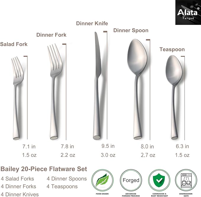 Alata Bailey 20-Piece Forged Stainless Steel Flatware Set Cutlery Set,Service for 4,Matte Satin Finish,Dishwasher Safe…