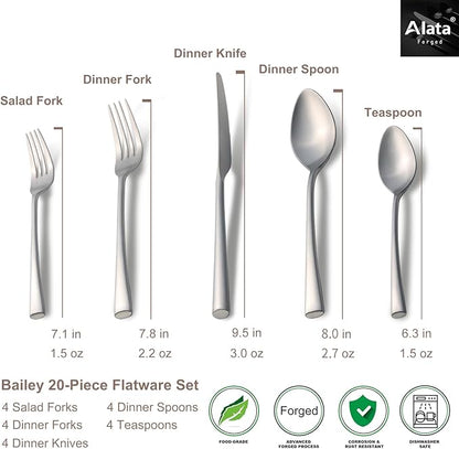 Alata Bailey 20-Piece Forged Stainless Steel Flatware Set Cutlery Set,Service for 4,Matte Satin Finish,Dishwasher Safe…