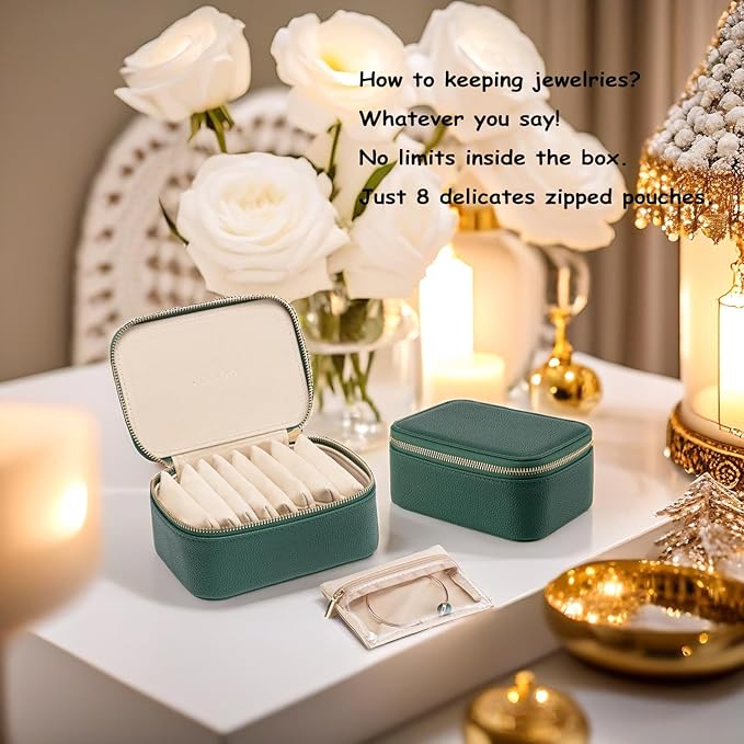 Vlando Travel Jewelry Box Organizer - 8 Small Velvet Zipped Pouches Pockets for Jewelries Necklaces Rings Earrings Sorting Storage, Dark Green