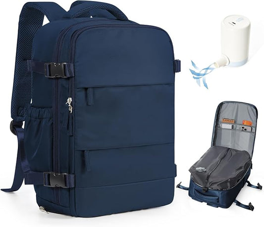 Vacuum Backpack Travel with Pump,Vacuum Seal Bags for Clothing, Shoe Compartment,United Airlines Personal Item Bag 17x10x9,Mochila compresion al vacio,Navy Blue