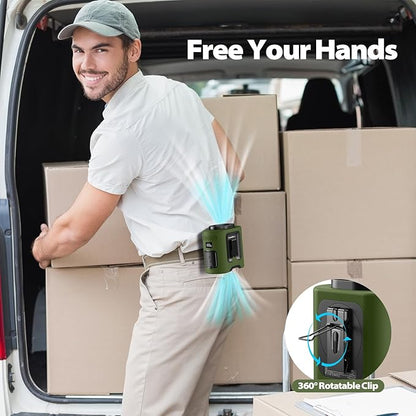 Portable Waist Fan - 14500mAh Rechargeable Battery, 67Hrs Cooling Belt Fan, 5 Powerful Speed & 360° Rotatable, Hands Free Clip On Waist With LED Light for Work Gift Camping Travel Outdoor