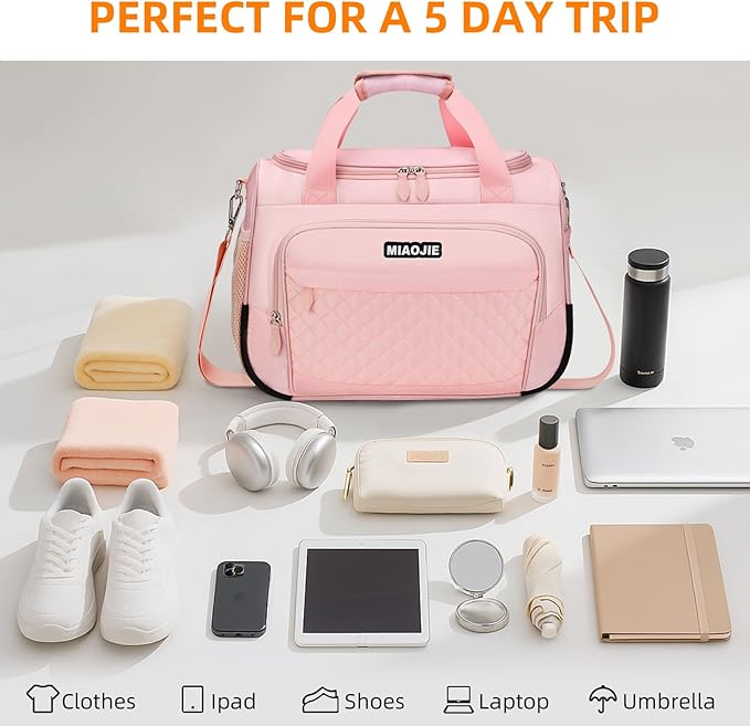 Travel Duffle Bag for Women, Underseat Carry On luggage Bag Foldable Overnight Weekender Hospital Bag Lightweight Airplanes Personal Item Travel Tote Bag for Women Birthday Gifts, 16IN Pink