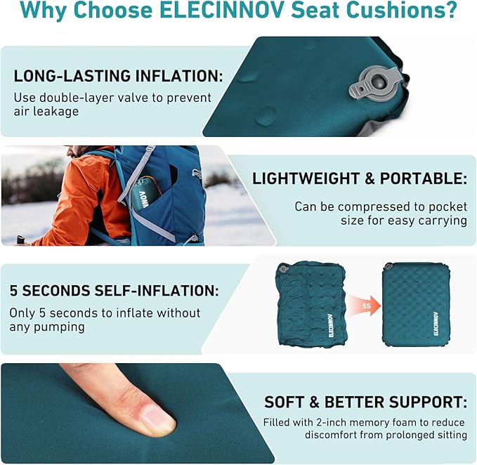 Inflatable Seat Cushion, Self Inflating Memory Foam Stadium Seat Cushion Lightweight Camping Chair Pad Airplane Cushion for Long Flights Outdoor Travel Bleacher Office Car Backpacking (Blue)