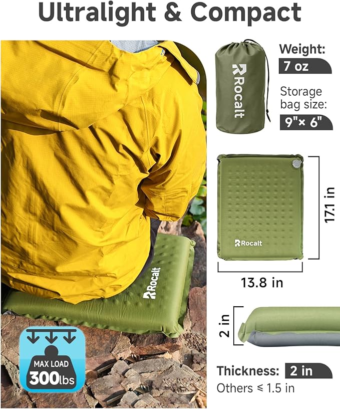 Rocalt Inflatable Seat Cushion,Self-Inflating Memory Foam Stadium Seats Cushion, Portable Air-Foam Bleacher Cushion, Lightweight & Compact Travel Seat Cushion for Camping, Airplane, Car, Sports Events