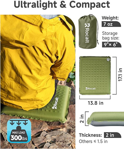 Rocalt Inflatable Seat Cushion,Self-Inflating Memory Foam Stadium Seats Cushion, Portable Air-Foam Bleacher Cushion, Lightweight & Compact Travel Seat Cushion for Camping, Airplane, Car, Sports Events