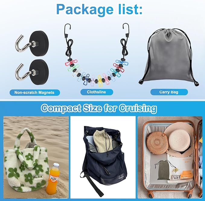 (Hook Magnet Upgrade) Magnetic Clothesline for Cruise Ship Cabin Approved, Rubber Coated Non-Scratch Strong Magnets, Ship Approved Clothesline for Cruise Ship Essentials 2025