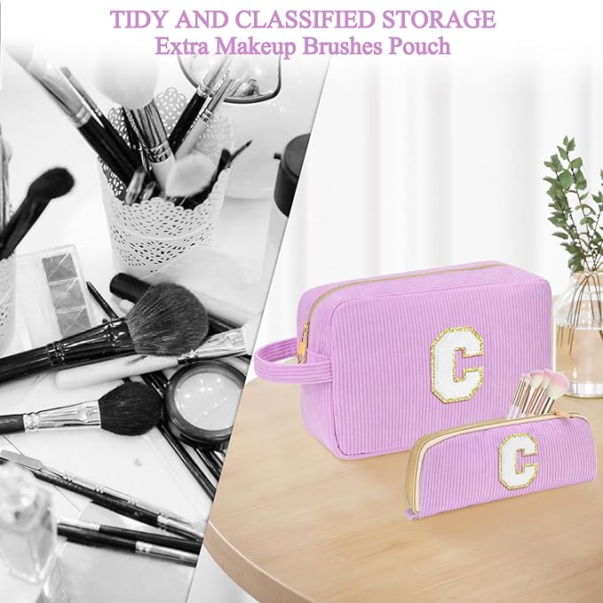 Personalized Initial Makeup Bag Trendy Stuff Corduroy Cosmetic Bag Travel Toiletry Bag for Women, Christmas/Thanksgiving/Halloween Gifts Makeup Organizer Case for Teen Girls Mom Girlfriend Wife.