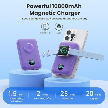 Magnetic Portable Charger for iPhone,10800mAh 4-in-1 Power Bank with iWatch Charger,25W PD Fast Charging Battery Pack for Magsafe,iPhone 17/16/15/14/13/12 Series,Apple Watch,Travel Essential,Purple