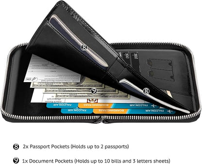 Passport Wallet, Passport Holder for Travel Family, Ultra Large Storage up to 3 Pockets. RFID Passport Cover Case with Zipper Closure