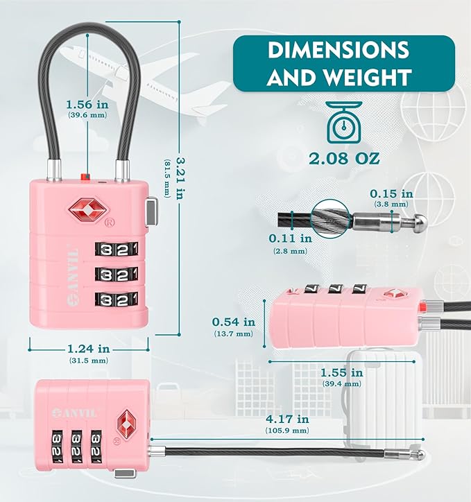 ANVIL TSA Approved Luggage Locks – High Security TSA008 Combination Travel Locks with Inspection Indicator for Suitcases and Backpacks. (3, Pink)